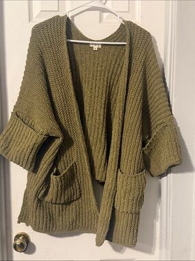 POL Olive Green Chunky Open-Front Knit Cardigan
